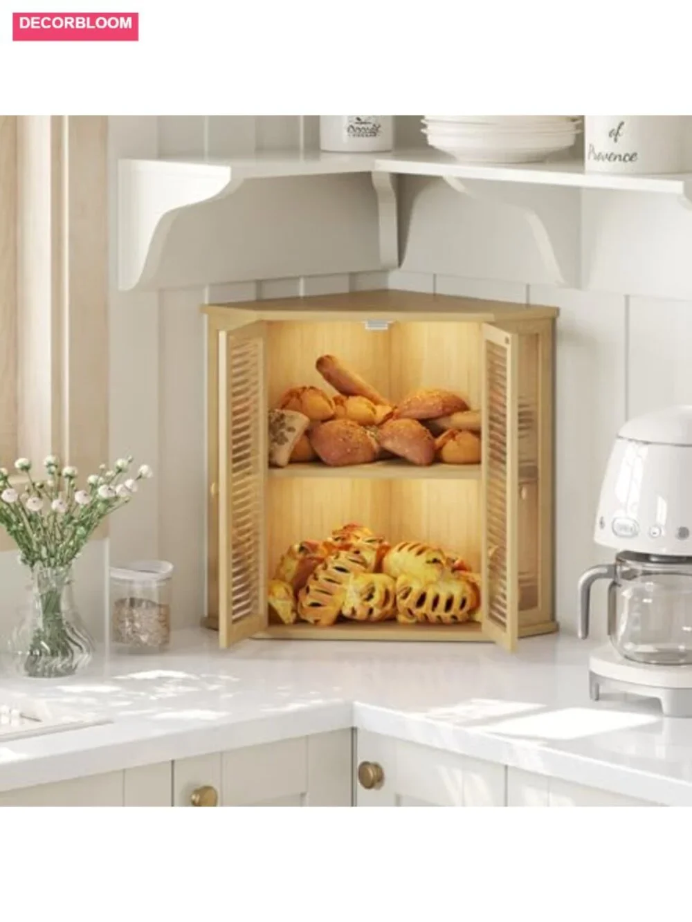 Corner Bread Box - Wood with Glass Door, Large Kitchen Countertop Storage for